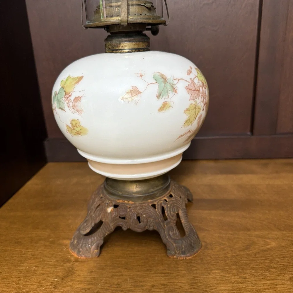 Oil Lamp Glass Transfer pattern Grapevine Winery Vintage 19